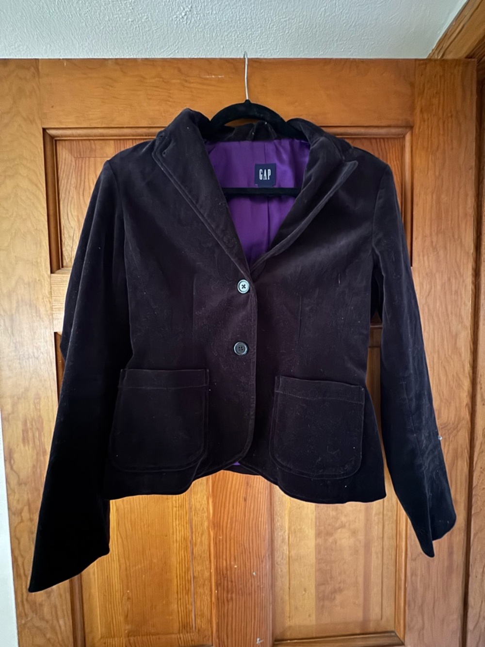 GAP Women's Dark Brown Velvet Blazer with Purple Lining